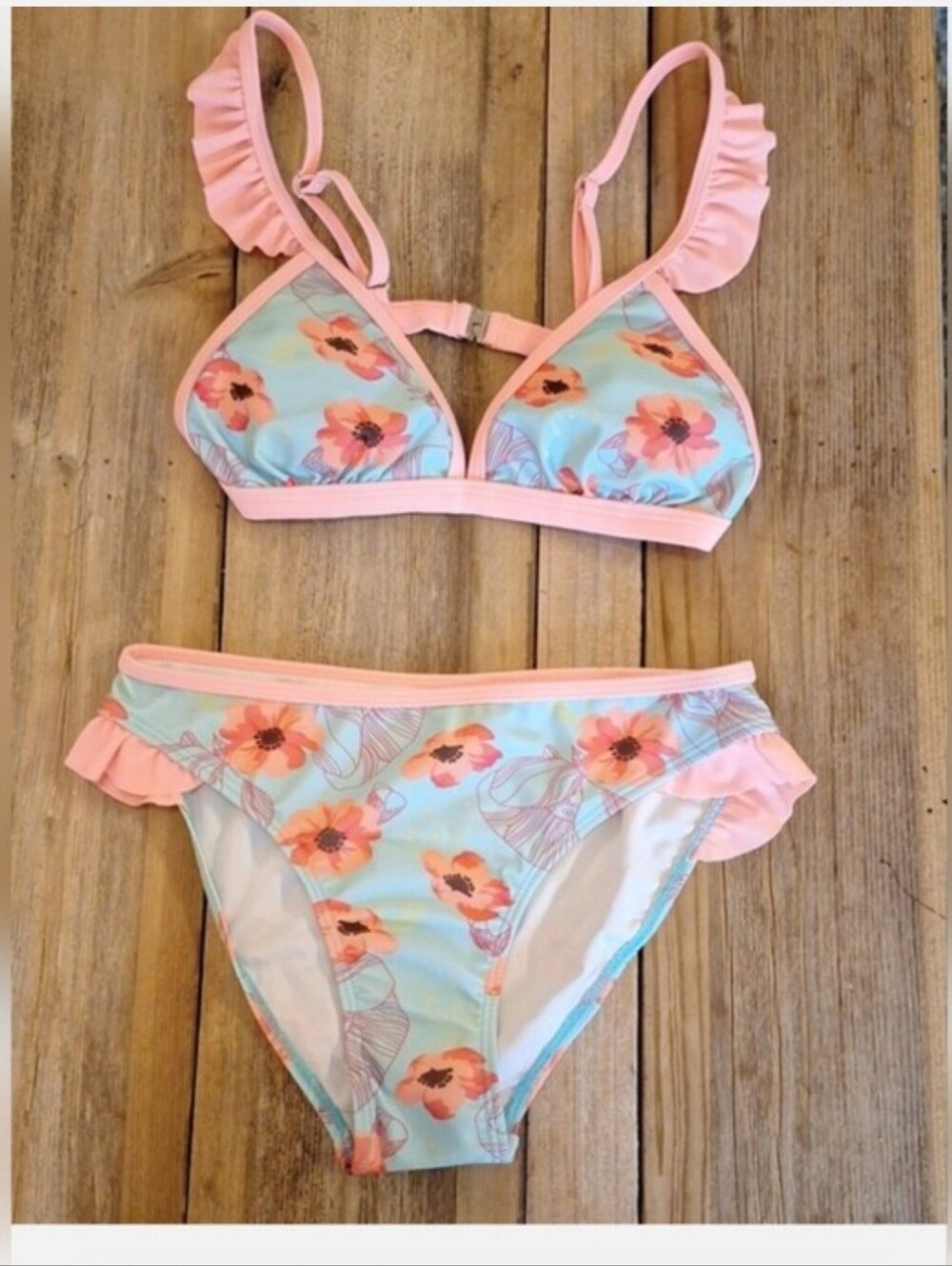 Pink and Light Blue Floral Ruffle Bikini. Size XS